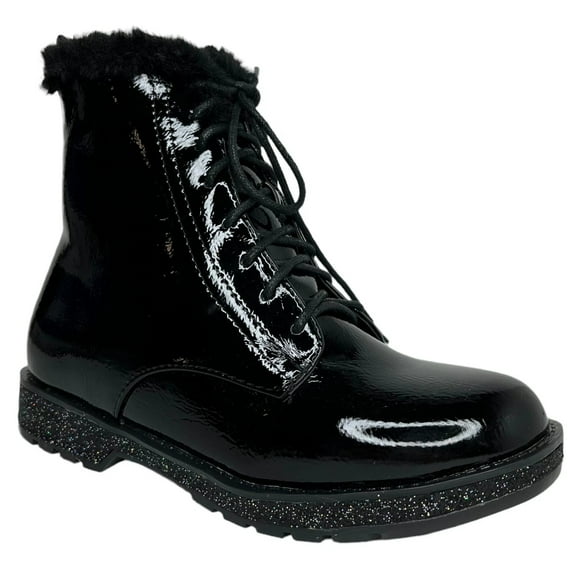 Mia Youth Girls Fashion Boot Size 2Y Black Glitter Accent Faux Fur Trim Lace up