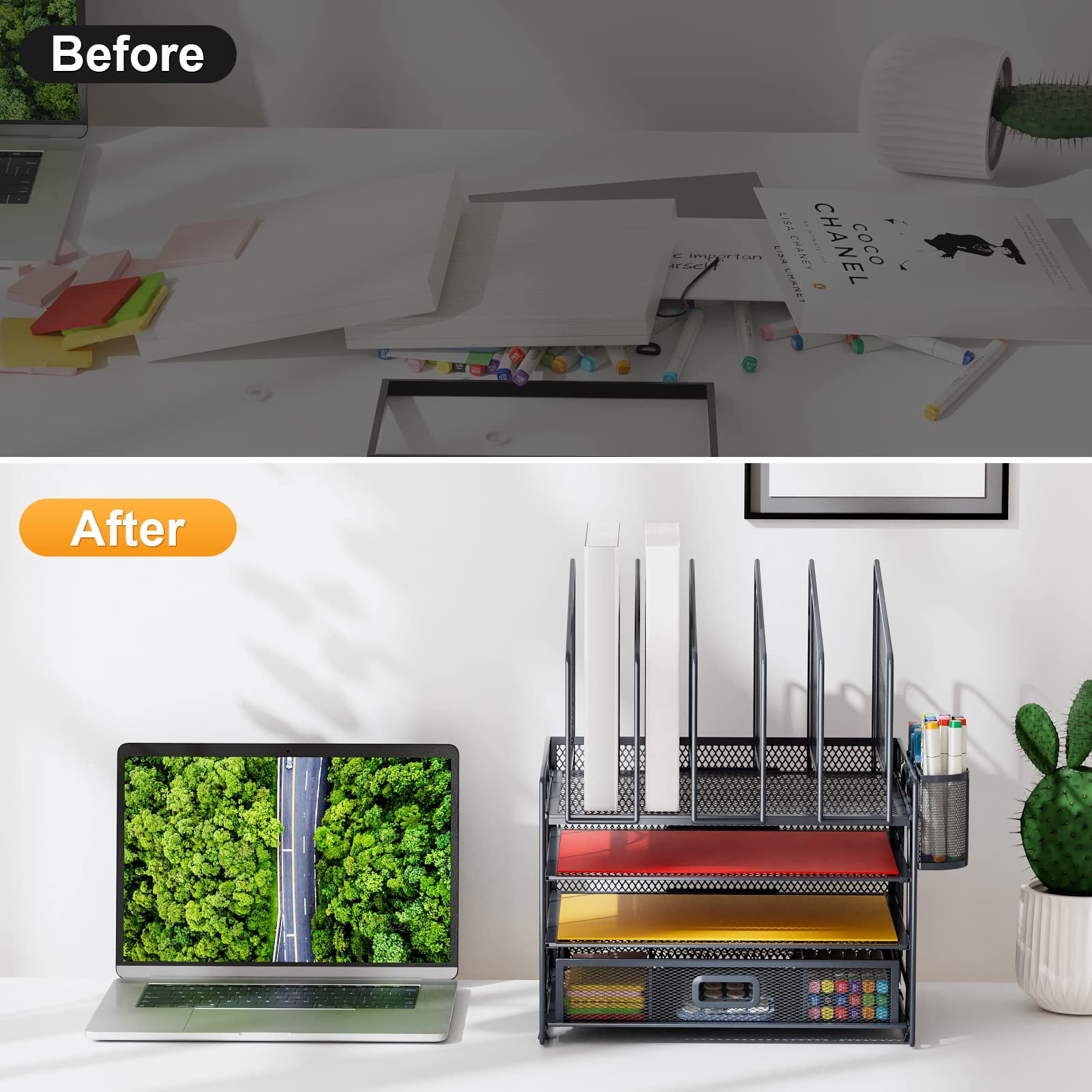Desk Organizers  4-tier Mesh File Organizer With 5 Vertical Holders And 2 Pen Multifunction Desktop Accessories For Home Office (gray)