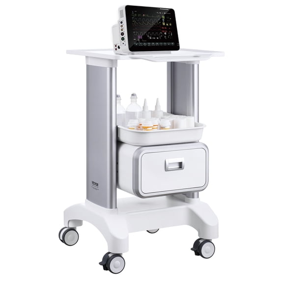 VEVOR 2 Tiers Lab Carts, Lab Utility Cart with 1 Drawer & 1 Top Tray, Mobile Medical Cart with ABS Material, Lab Rolling Cart with 4 Silent Wheels for Lab, Clinic, Hospital, Salon, White