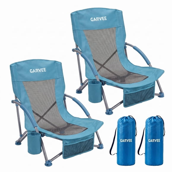 Beach Chair – 2 Pack Portable for Adults – Low Reclining Travel Chair – Fits in Suitcase – Cup Holder – Beach, Camping & Festival – Blue