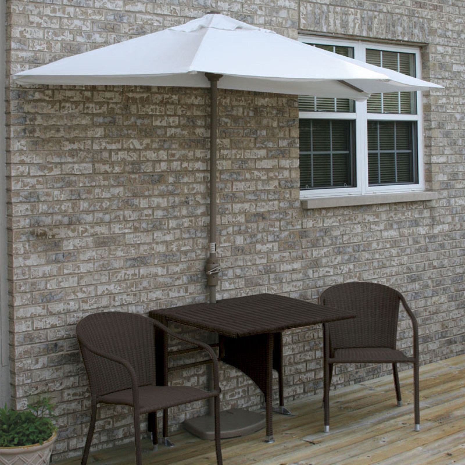 Blue Star Group Terrace Mates Daniella All-Weather Wicker Java Color Table Set w/ 7.5'-Wide OFF-THE-WALL BRELLA - Natural Olefin Canopy - image 2 of 9