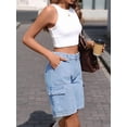 thumbnail image 5 of Bermuda Cargo Shorts for Women Casual Long Knee Length High Waisted Stretch Wide Leg Relaxed Fit Light Blue S, 5 of 9