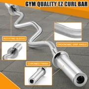 FIXTECH 47 Olympic EZ Curl Barbell Bar for Strength Training, Alloy Steel, Center knurl, Suitable for 2 inch Weight Plates, Silver