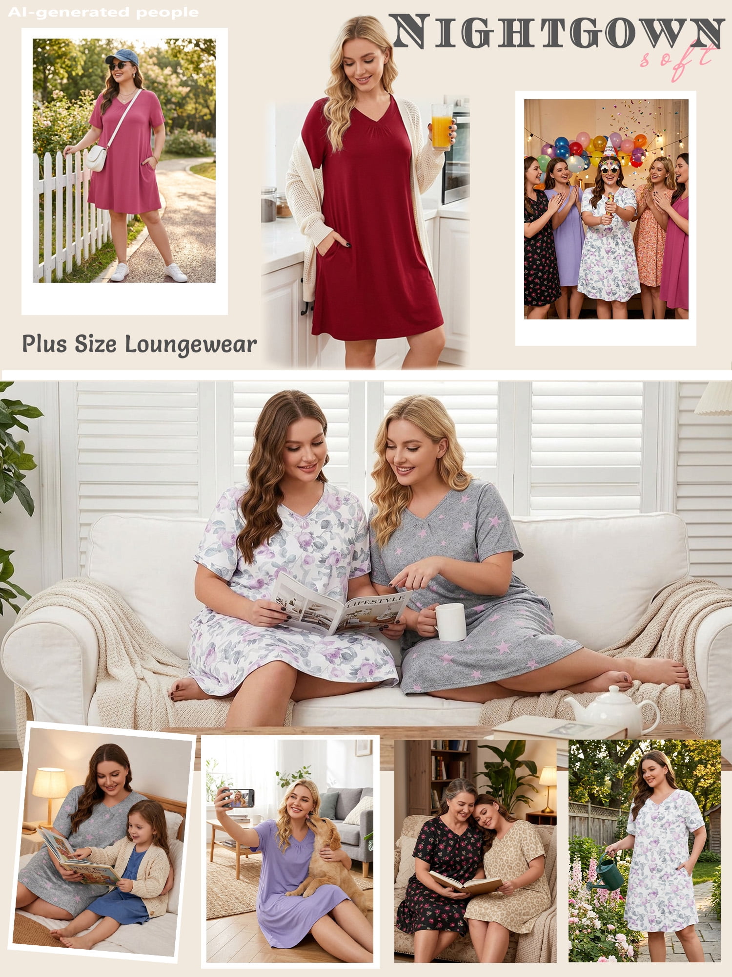 SHOWMALL Nightgowns for Plus Women Soft Short Sleeve Pajama Dress with Pockets for Sleep Night Soft Bloom Pink 3X