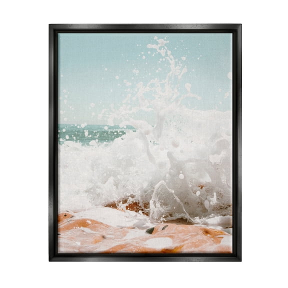 Stupell Splashing Sandy Beach Sea Foam Landscape Photography Black Floater Framed Art Print Wall Art
