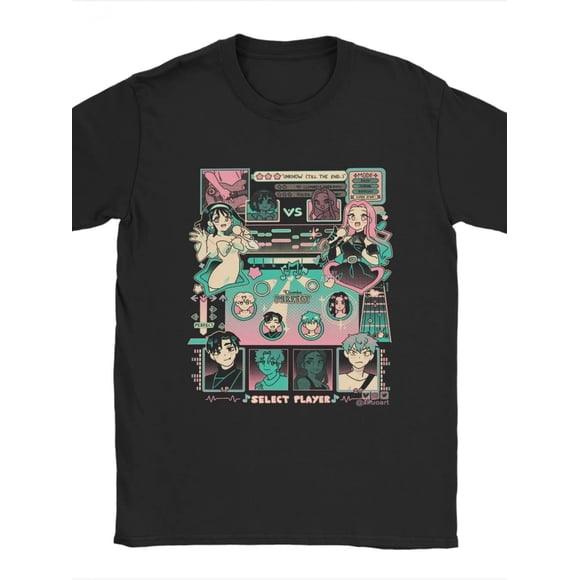 T Shirt Men's 80s Retro Anime Alien & Game Character Black Vintage Round Neck Tee with selected Iconic Gamers Design for Casual Wear