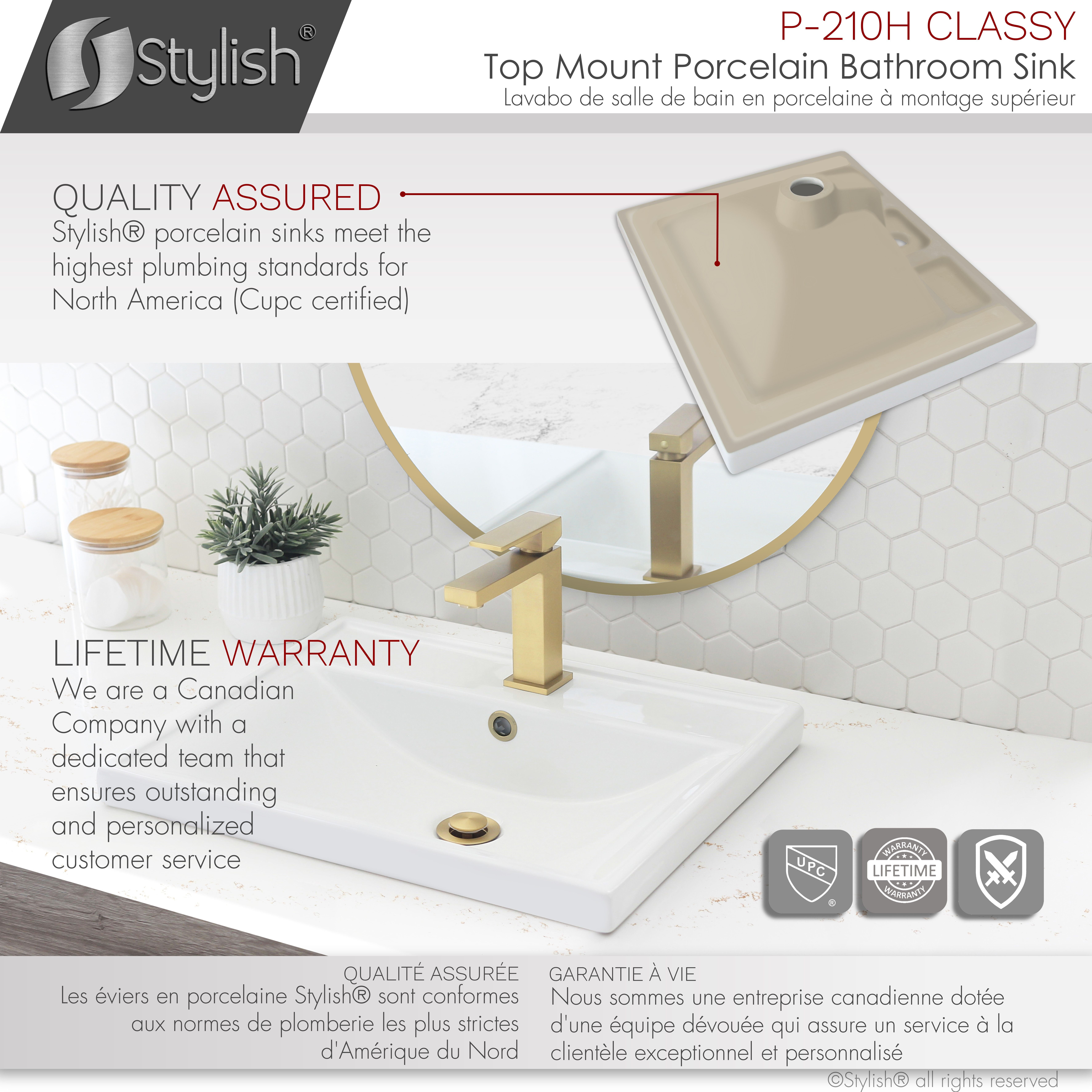 Stylish 20 ¼" White Porcelain Top Mount Rectangular Bathroom Sink with 2 Overflow Rings P-210H