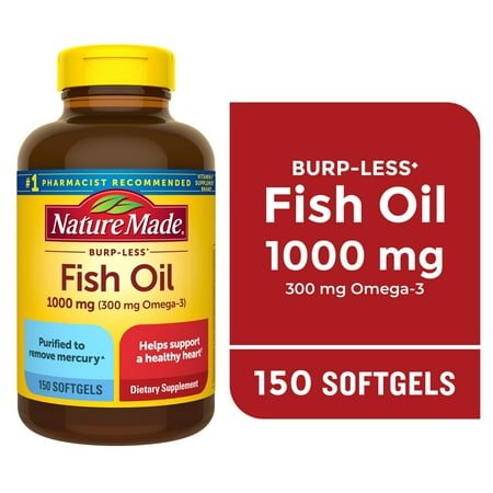 Nature Made Burp Less Fish Oil 2000 mg Per Serving Softgels, Omega 3 Fish Oil Supplements, 150 Count
