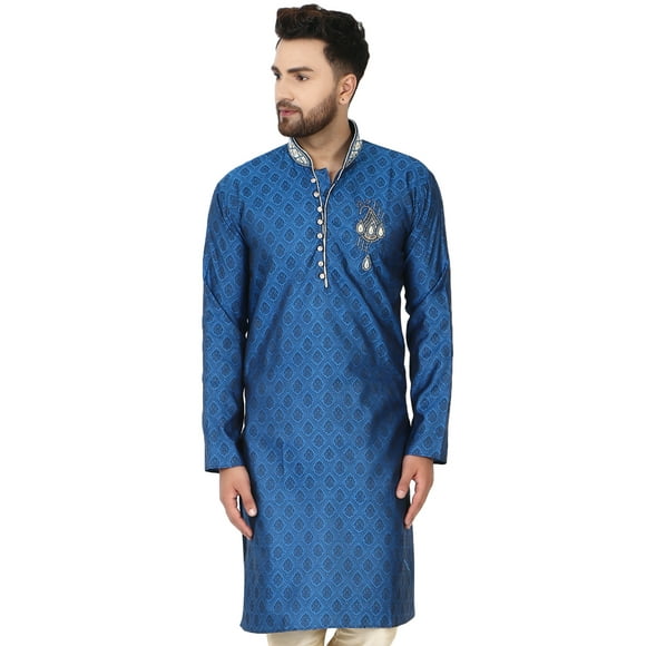 SKAVIJ Men's Jacquard Silk Kurta Wedding Party Casual Long Shirt Small Turquoise