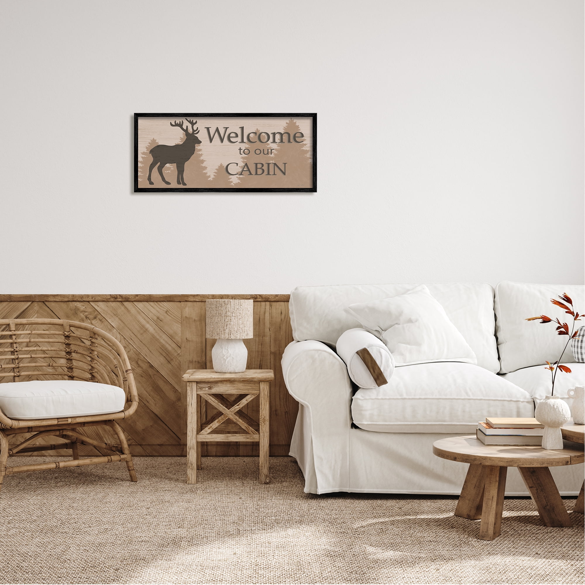 Stupell Welcome To Our Cabin Deer Sign Animals & Insects Painting Black Framed Art Print Wall Art