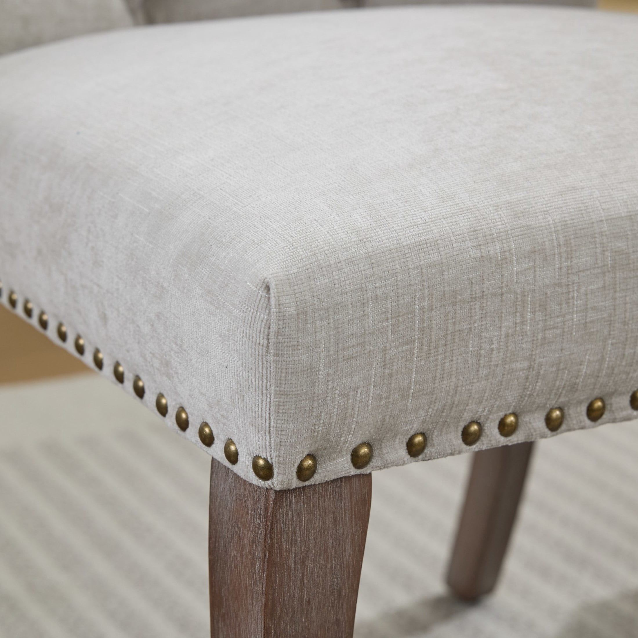 Noble House Set of 2 Tufted Chenille Upholstered Dining Chairs, Curved Solid Wood Legs, Beige