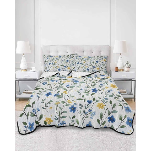 Quilts Queen Size, Blue Yellow Spring Floral Soft Comforter Bedding Set for Bed, Elegant Summer Botanical Green Lightweight Quilted Bedspread with Pillow Cover(2 Pieces) for All Season, 90x96 Inch
