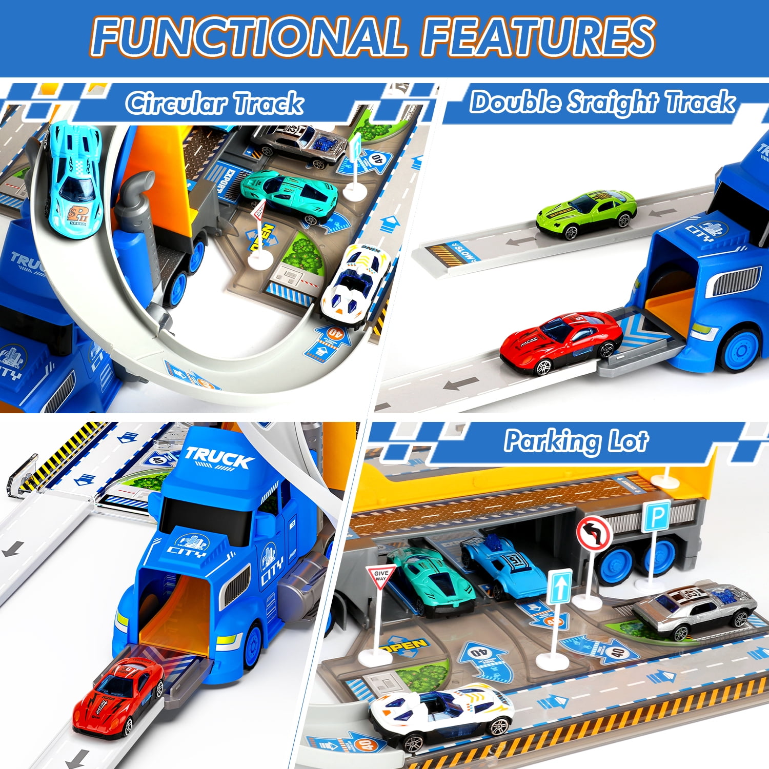 Huge Wave Carrier Truck Race Track Toys for Kids, 2 in1 Transport Trucks Set W/Track & 8 Race Cars, Racing Toys for 3-8 Years Old Boys Kids Toddler Car Set Gifts for Boys and Girls(Blue)