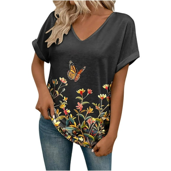 LQCMBYF Womens Dressy Tops Summer Women Pullover Blouses Trendy V Neck Short Sleeves Tunic Shirts Casual Fancy Floral Print Ladies Top Tees Loose Fit Navy Work Blouse Ladies Tops(Yellow,L)