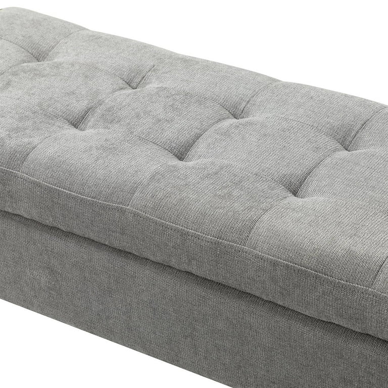 55 inch Storage Ottoman Bench with Button Tufted Bedroom Bench Safety Hinge Ottoman in Upholstered Fabrics Large Storage Space for Living Room Grey