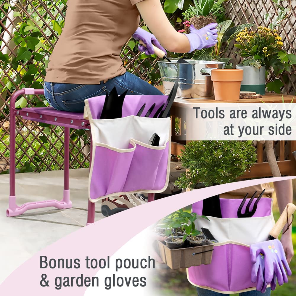 Colwelt Folding Garden Kneeler, Portable Garden Kneeler Seat Bench with Tool Pouch and Gloves, Garden Kneeler Stool with Rugged & Sturdy Steel Frame(Purple)