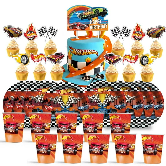 Hot Wheel Birthday Cups Party Supplies Plates Fans Decorations Cake Topper Decor