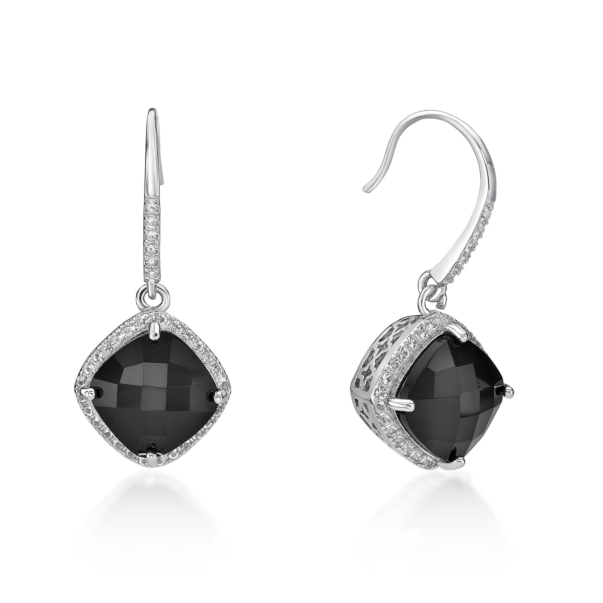 925 Sterling Silver Fish Hook Earrings With 10MM Cushion Black Onyx Fine Jewelry