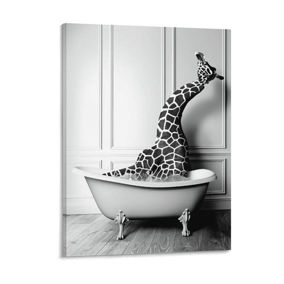 Potopok Animal Bathroom Wall Art Framed, Funny Giraffe in Bathtub Black White Canvas Print Farmhouse Painting Kids Decor 12x16 Inch