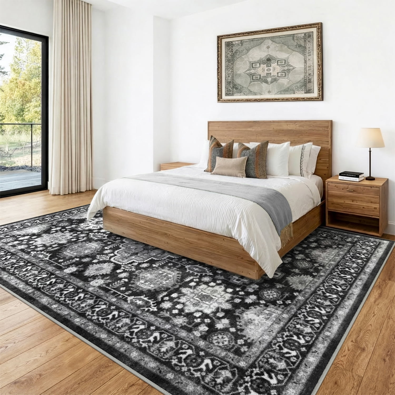 Area Rugs for Living Room, Quccifan 8'x10' Washable Vintage Boho Low Pile Non-Slip Soft Black Persian Distressed Carpet for Bedroom, Office