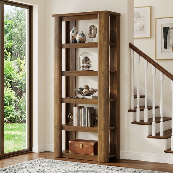 Fnova 6-Tier Open Bookshelf with Widened Uprights, 71" Tall Vintage Bookcase, Floor Standing Display Storage Shelves, Brown