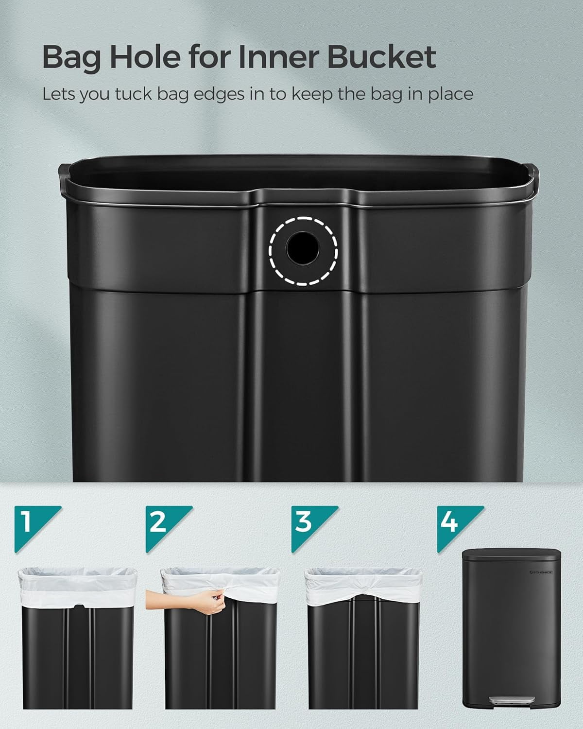 SONGMICS 13 Gallon (50 L) Trash Can, Stainless Steel Kitchen Garbage Can, Recycling or Waste Bin, Soft Close, Step-On Pedal, Removable Inner Bucket, Black