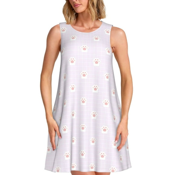 Sikiie Kawaii Cat Paw Print Women's Sleeveless Dress with Pockets Round Neck Sundress, Suitable for Daily, Office, Vacation Summer Wear
