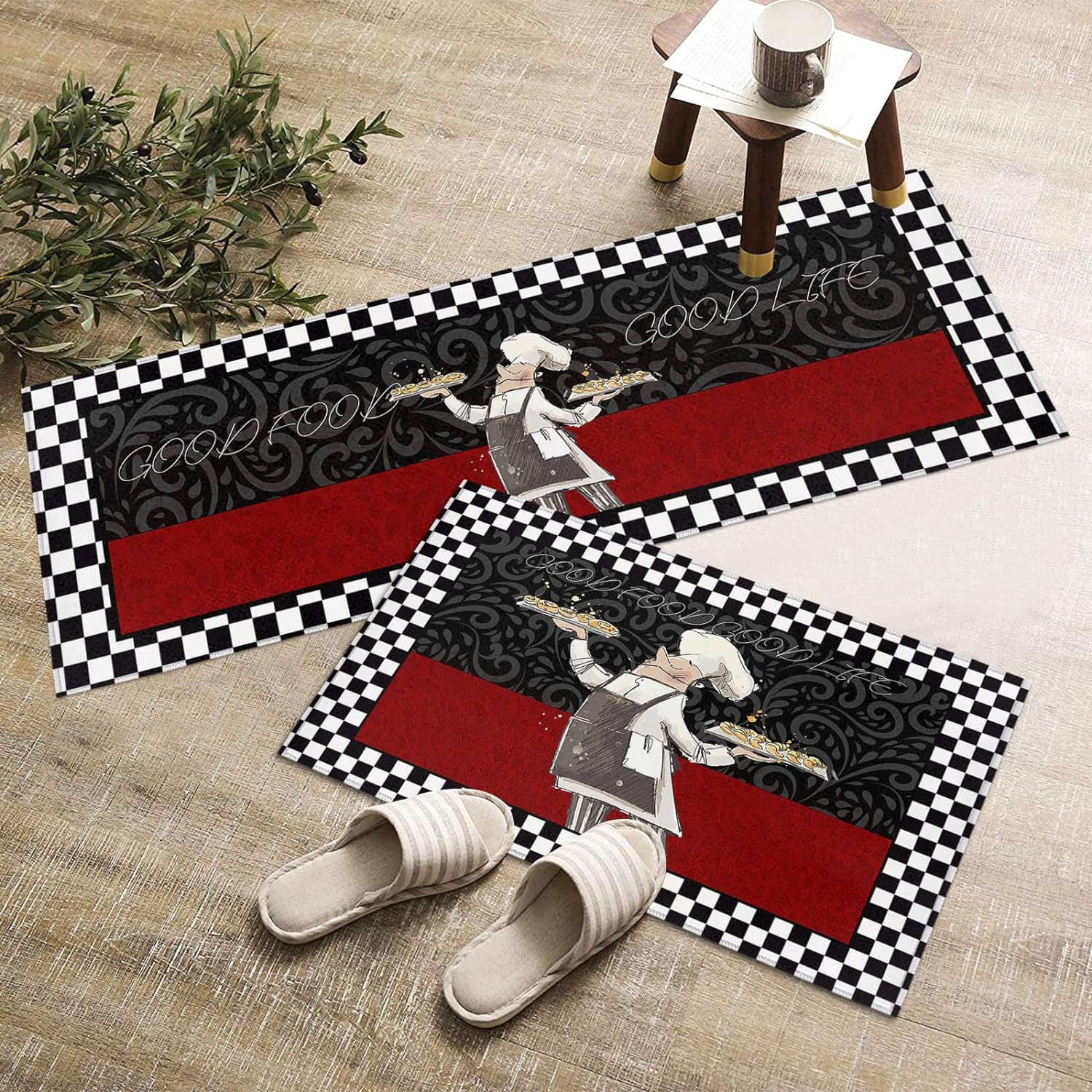 Chef Kitchen Floor Mat Set of 2, Funny Cartoon Figure with Food Buffalo Checker Rugs Water Absorbent Comfort Runner Rugs and Mats for Bedroom/Bathroom Entry Way Decor Chic Texture Burgundy Red Black