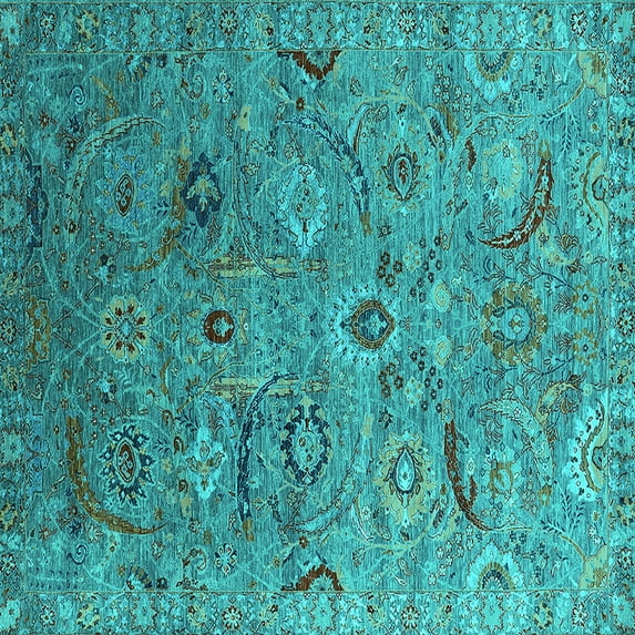 Ahgly Company Machine Washable Indoor Square Oriental Turquoise Blue Industrial Area Rugs, 3' Square