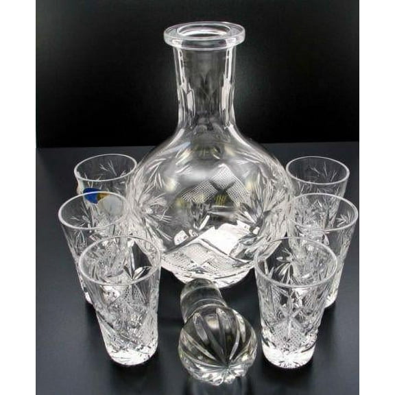 Vodka Set of Cut Crystal 12 Oz Carafe Decanter & 6 Crystal Shot Glasses