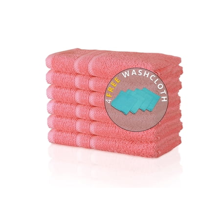 Bella Vista Hand Towels 6Pc Set With Free 4 Washcloths- Plush, Soft and Absorbent, Pack of 6 Towels- 16x28 Inches- Virgin Ring Spun Cotton. By Cotton Homes(Set Of 6 Piece Hand Towels, Coral Pink)