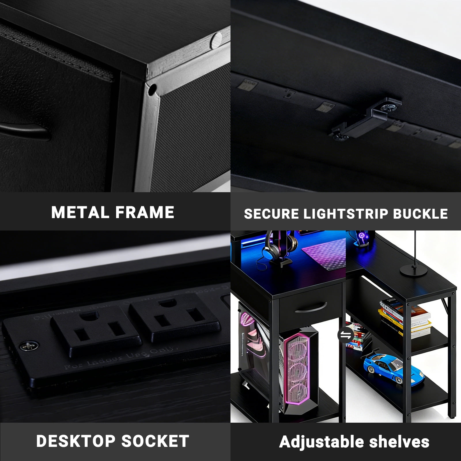 KPUY 47” Reversible L Shaped Gaming Desk with USB Charging Ports, LED Light and Monitor Stand, Corner Computer Table with Power Outlets, Storage Shelves, Black