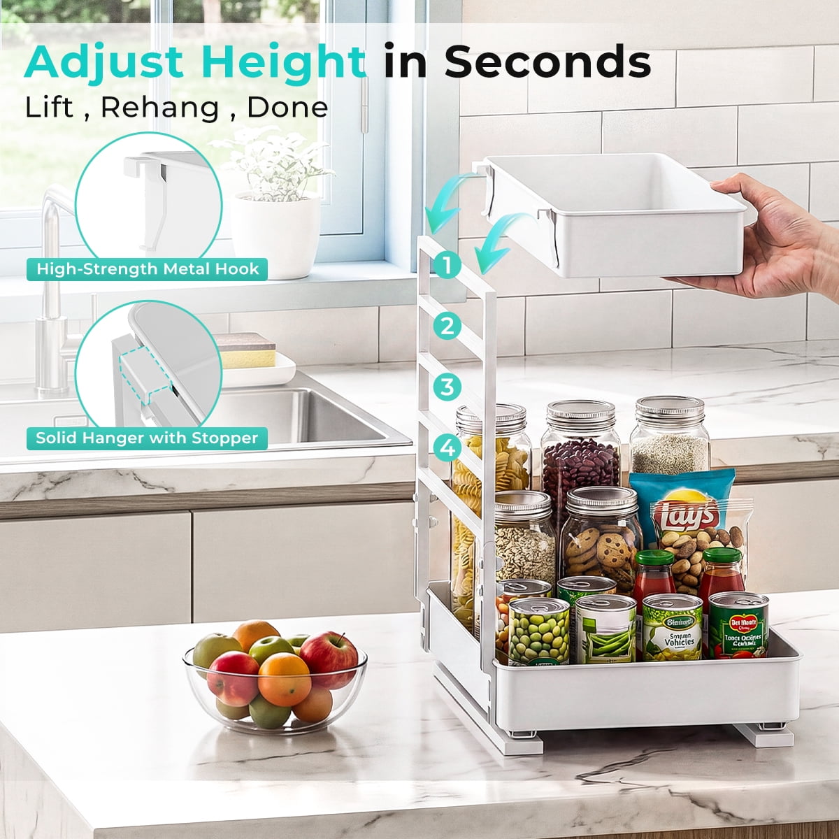 Everie Adjustable 2-Tier Pull Out Under Sink Organizer Big Capacity Heavy Duty Metal Slide Shelf for Kitchen Bathroom Cabinet(White 2-Pack)