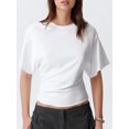 thumbnail image 4 of LMLYSoH Womens Summer T Shirt Short Sleeve Crew Neck Solid Color Casual Ruched Cinched Waist Crop Tops, 4 of 8