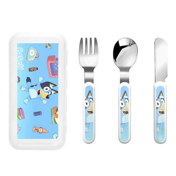Zofaai Bluey Pattern Children's Knife, Fork and Spoon Three-piece Set, Stainless Steel Children's Tableware with Outer Box, Suitable for School, Home