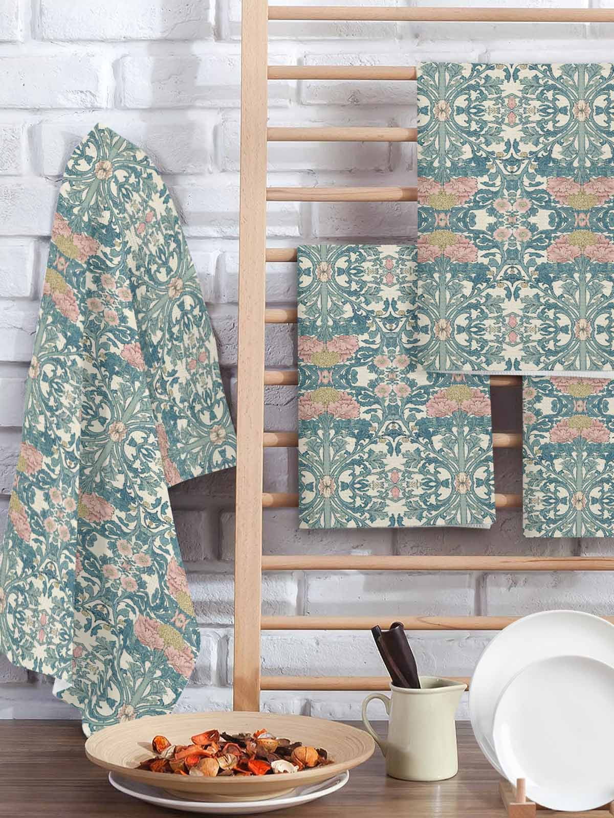 Teal Pink Hand Towels Set, Waffle Weave Kitchen Towels 2 Pieces, Vintage Floral Watercolor Boho Ethnic Microfiber Hair Face Bath Tea Towel Absorbent Quick Drying Cleaning Dish Cloths, 15.7"x23.6"