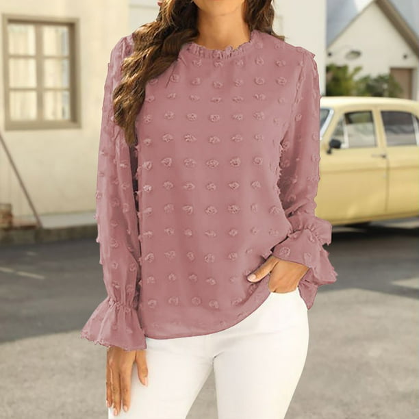 Blusa suelta sólida de chifón de manga larga con cuello redondo y