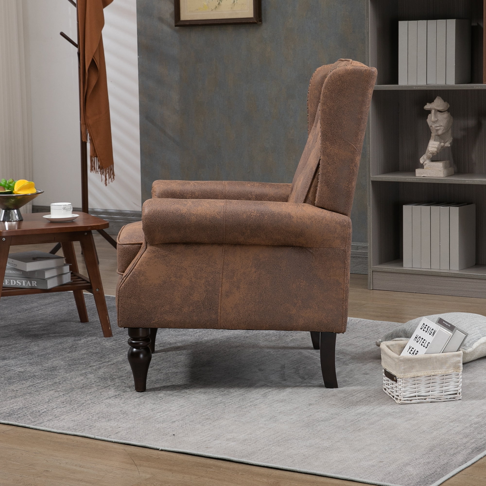 Wood Frame Armchair with Microsuede Upholstery and Sturdy Wood Legs, Modern Accent Lounge Chair and Reading Chair for Living Room Bedroom, Coffee