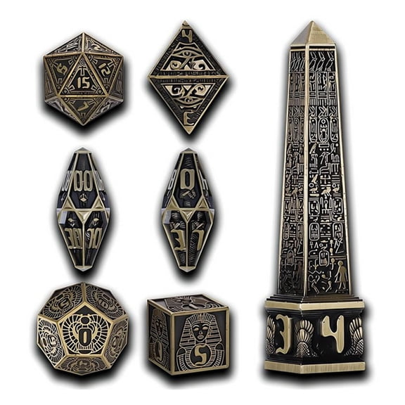 Egyptian Gods Metal DND Dice Set, 7-Piece Polyhedral RPG Dice with Obelisk Display, Heavy Zinc Alloy Dice for Dungeons & Dragons and Tabletop Games(Brass)