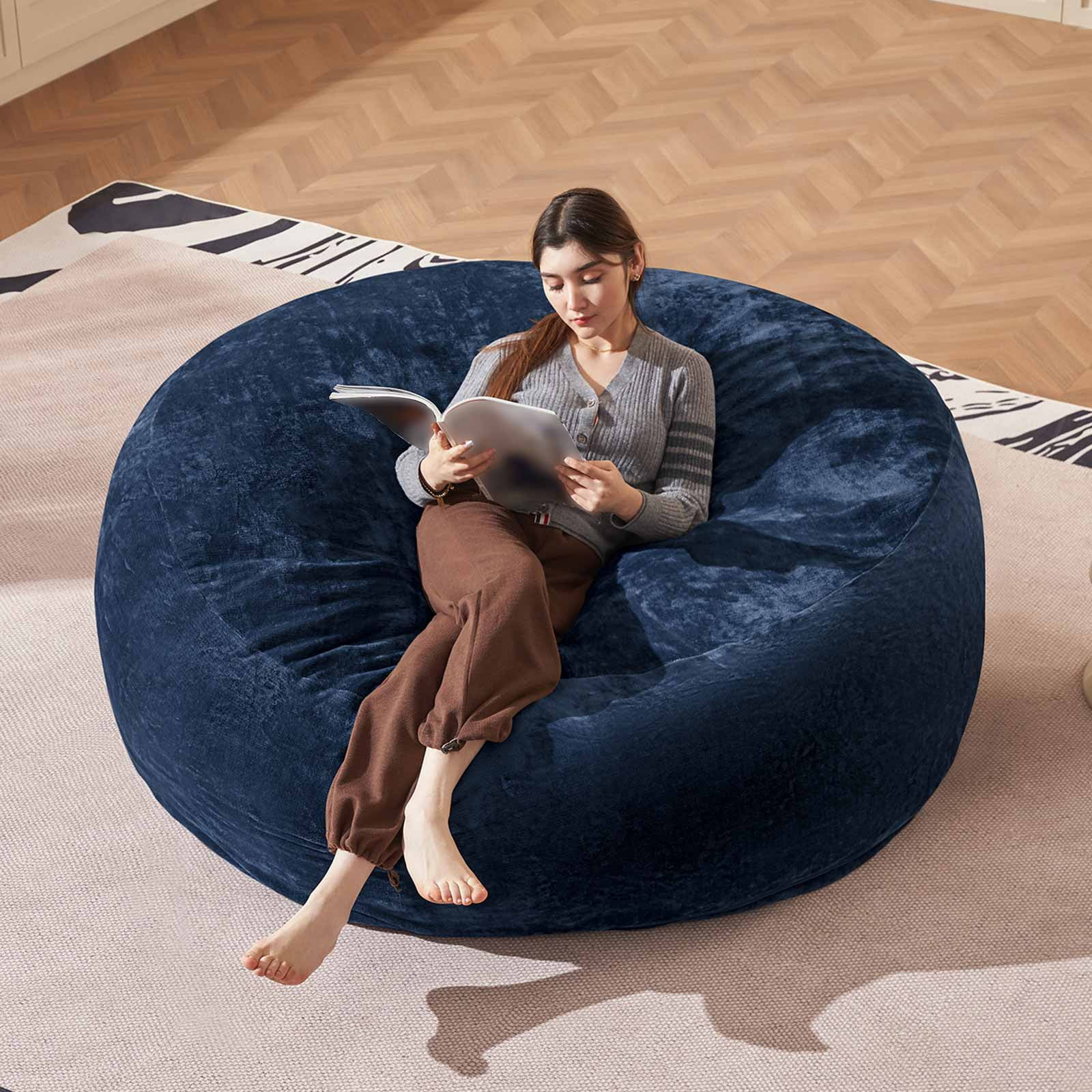 Bean Bag Chair 6FT,  Large Memory Foam Filled Chair for Adults and Teens, Soft Sofa with Removable Flannel Cover, Round Couch for Living Room Bedroom College Dorm