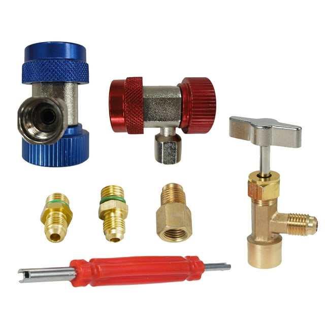Conector de la manguera Juego de adaptadores A/C R134A con grifo de lata R134A estilo punción, kit de montaje de conector de manguera de acoplamiento rápido AC R134A con adaptador de tanque y extracto