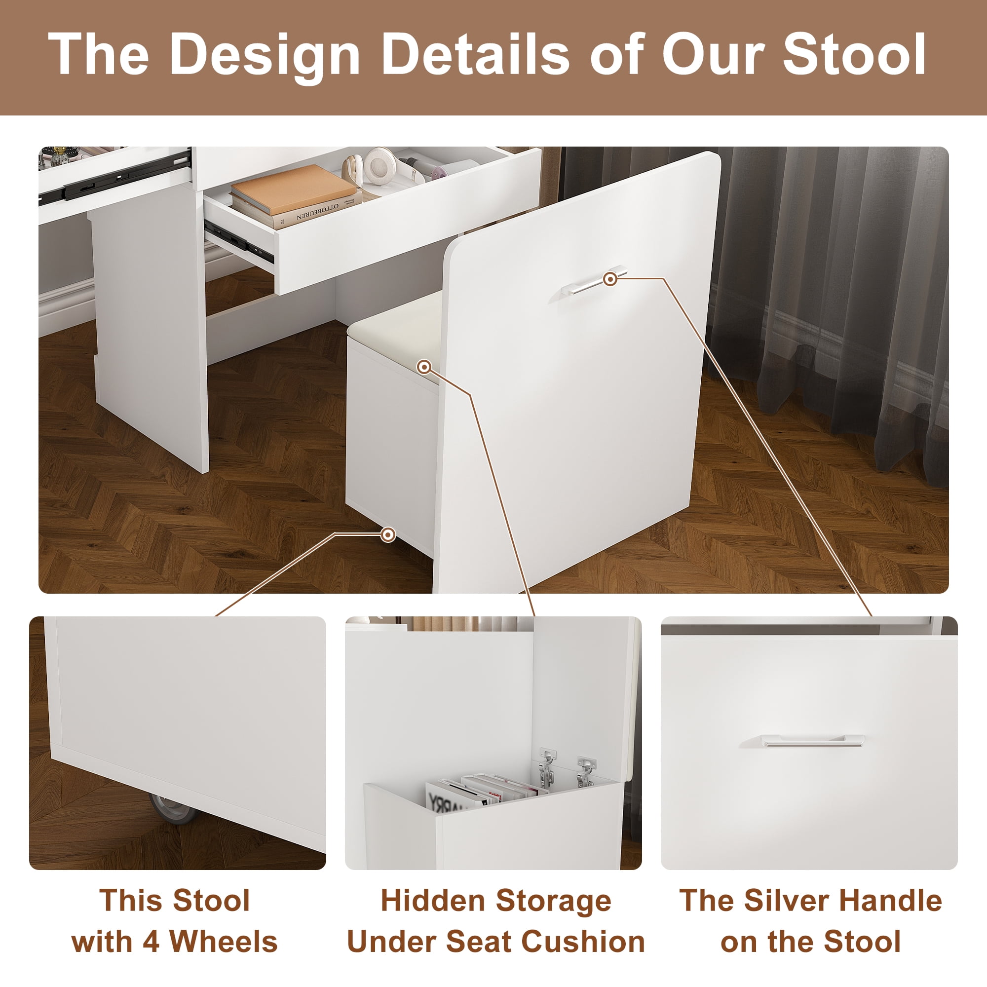 Mintazer 3‑in‑1 Expandable Folding Desk with Flip‑Top HD Mirror & Storage, Multi‑Mode Vanity Table with Hidden Storage Stool & Lockable Wheels for Small Space, White