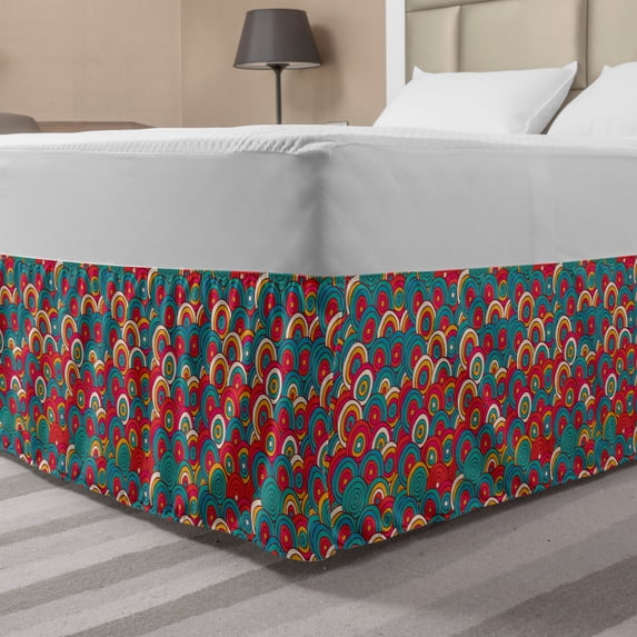 Abstract Bed Skirt, Hand Drawn Intricate Colorful and Overlapping Circles, Elastic Bedskirt Dust Ruffle Wrap Around for Bedding Decor, 4 Sizes, Marigold Dark Coral, by Ambesonne