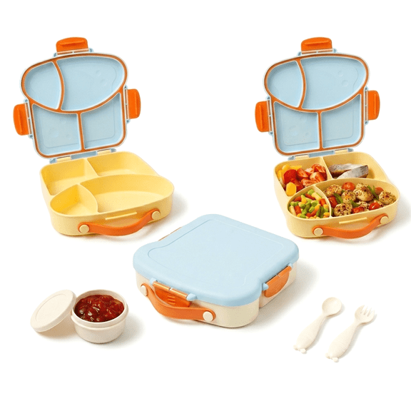 PoppiKids Bento Lunch Box with 4 Compartments, Leakproof Food Container with Sauce Cup & Cutlery, BPA-Free Meal Prep Lunch Container – Blue