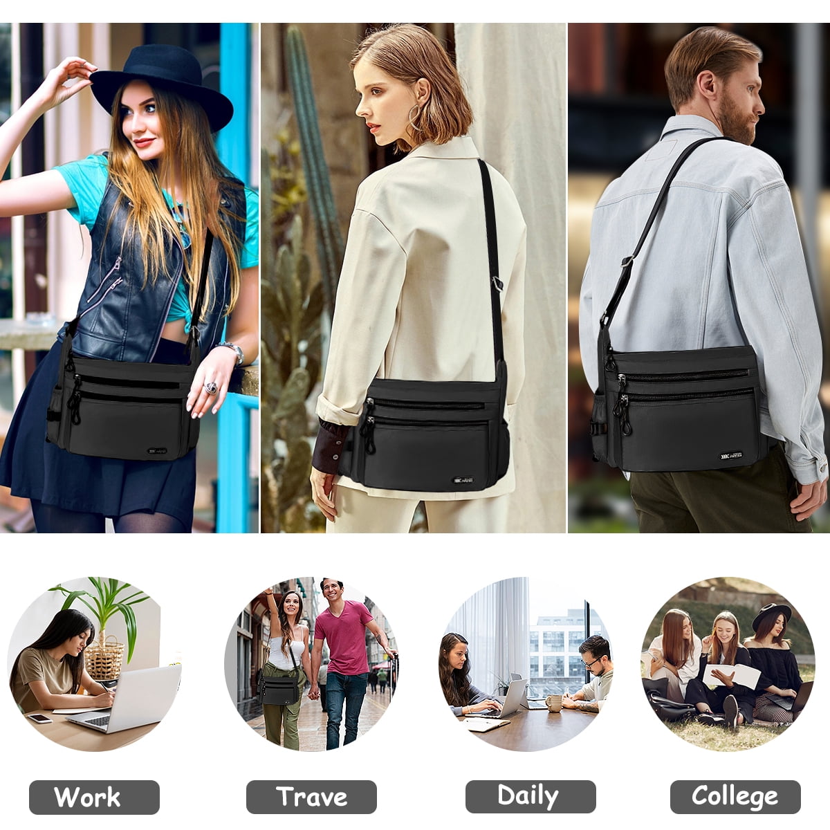 Crossbody Bag for Women Men Multi-Pocket Shoulder Purse Waterproof Lightweight Casual Travel Satchel Handbag,Black,319