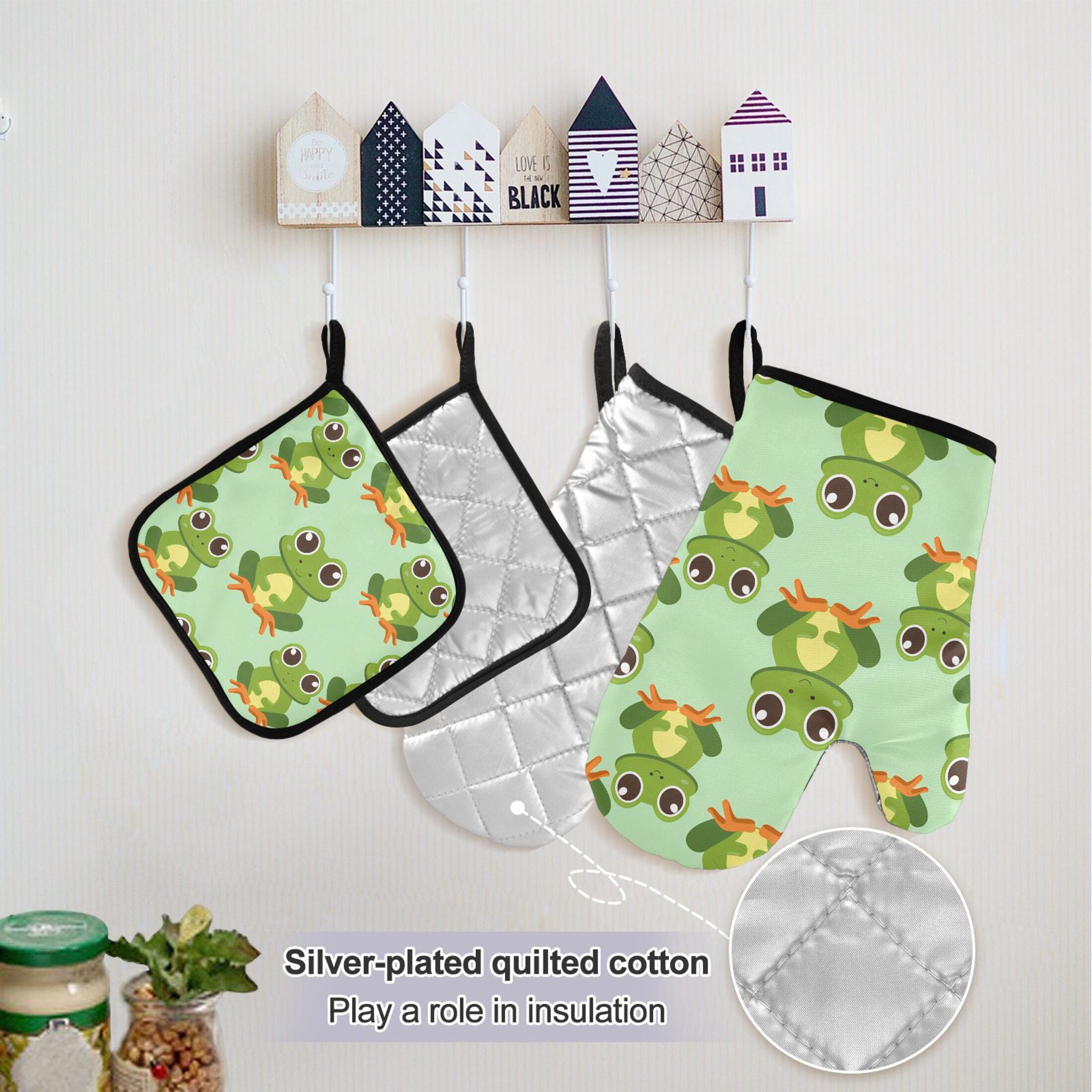 Lovely Frogs 5 Pcs Kitchen Set Heat Resistant Oven Mitts and Non-Slip Pot Holders with Adjustable Cooking Apron
