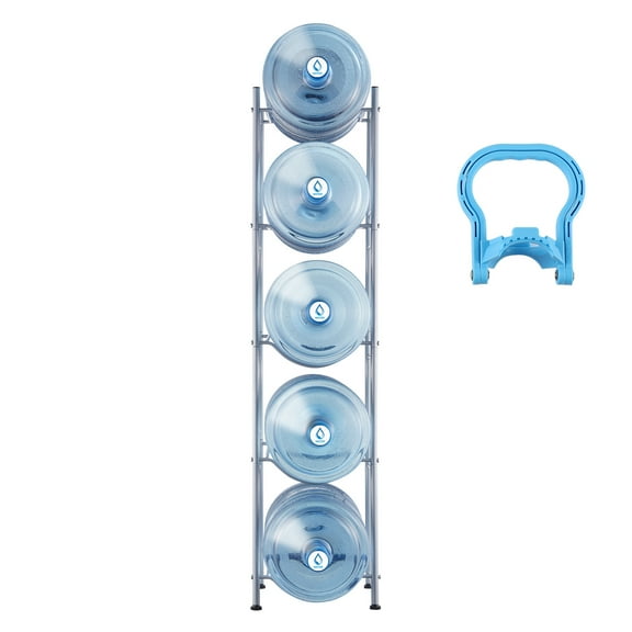 KFFKFF 5-Level Water Container Stand, 5 Gallon Water Bottle Organizer, Single Line Water Bottle Storage for 5 Units, Sturdy Water Container Shelf for Kitchen, Workplace, Living Area, Silver