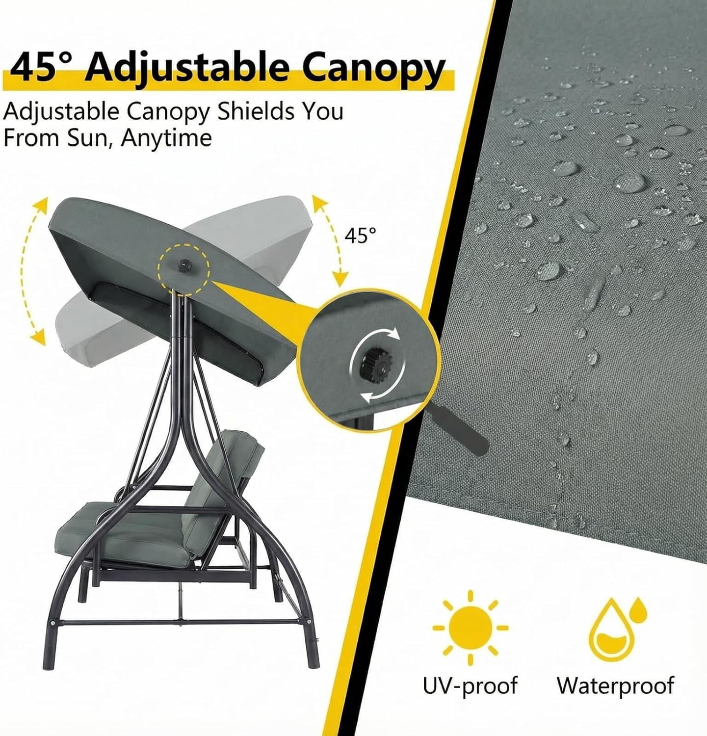 Arlopu 3-Seat Porch Swing, Outdoor Patio Swing Chair with Adjustable Canopy & Removable Cushions, Swing Glider for Garden Poolside Backyard, Gray