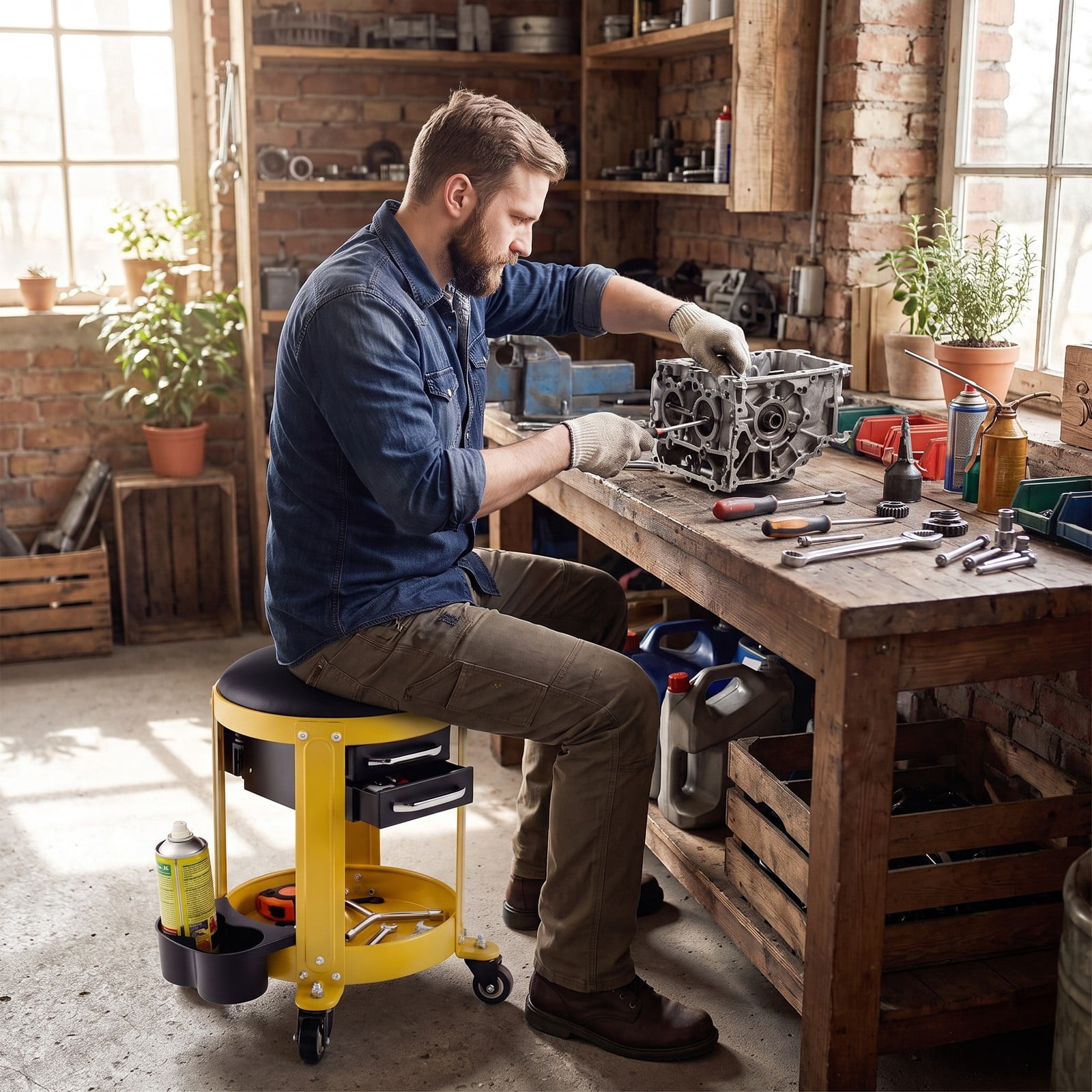 Biotree Rolling Mechanic Stool with Removable Padded Seat, 2 Drawers and Tool Tray, Height Adjustable Shop Garage Creeper Seat on Wheels, 330 lbs Capacity, Yellow