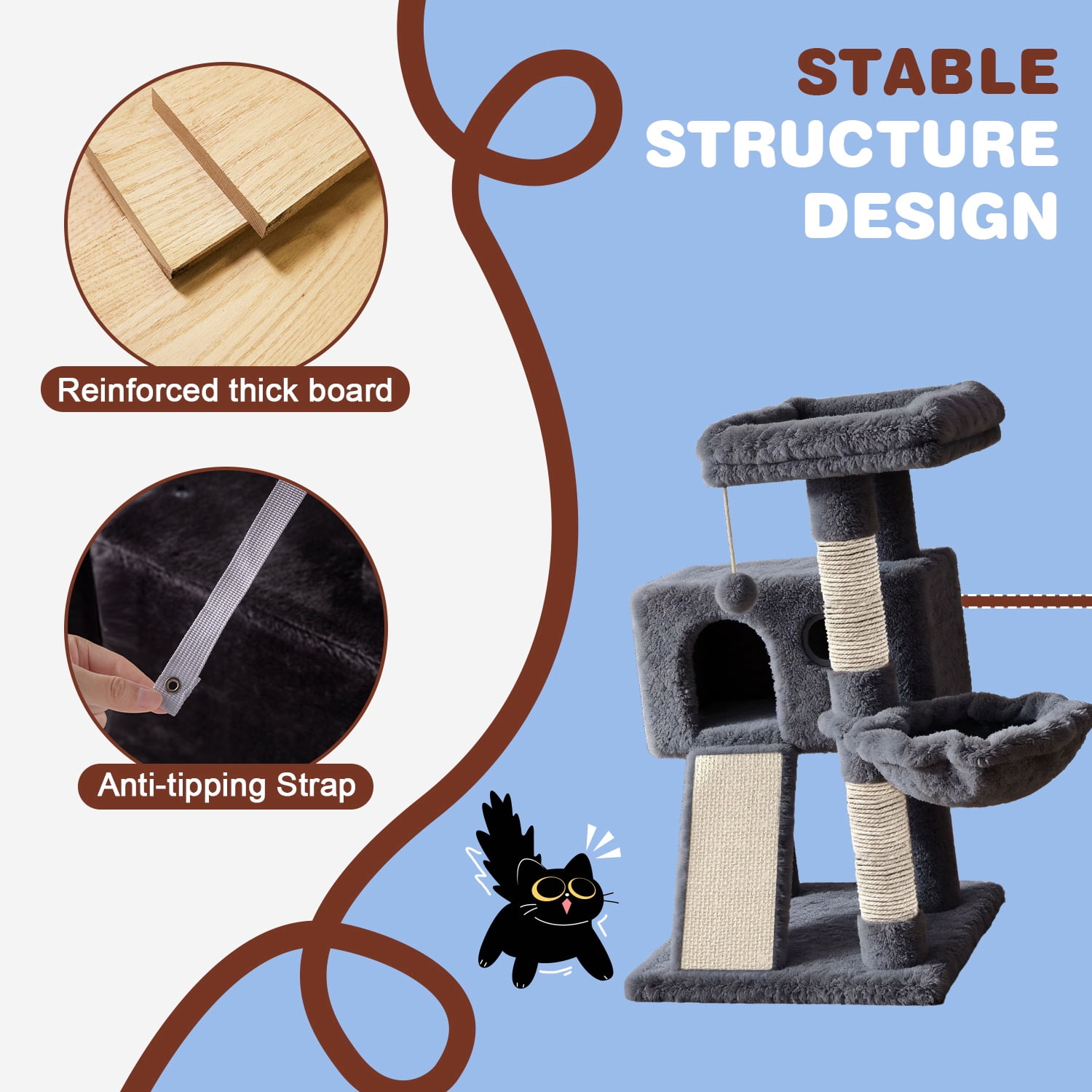 Amolife 36.6" Cat Tree Tower for Indoor Cats, Cat Condo with Plush Perch, Sisal Scratching Posts & Ramp, Cozy Cat Furniture, Blue